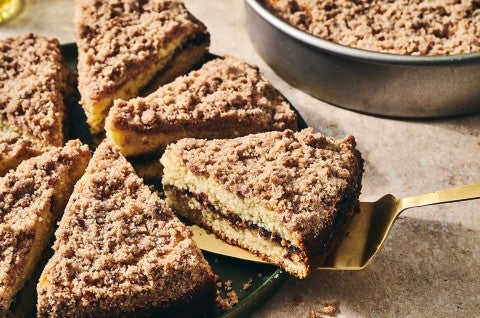 A slice of Cinnamon Streusel Coffee Cake on a pie spatula - select to zoom