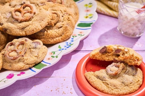Malted Peanut Butter Chocolate Chip Cookies on a counter - select to zoom
