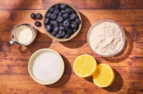 The ingredients to make a Bake it Easy Sourdough Discard Blueberry Cobbler - select to zoom