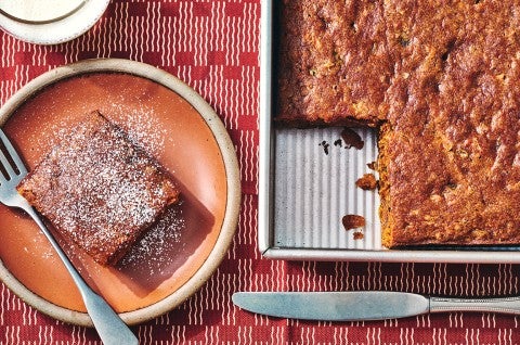 Spicy Cake Pan Cake in a King Arthur Baking square baking pan and a slice on a plate. - select to zoom