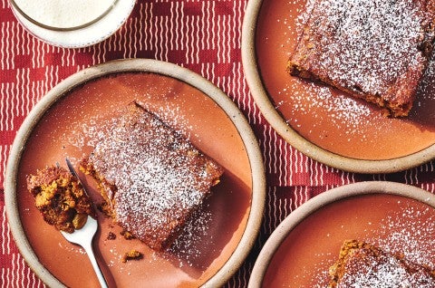 A slice of Spicy Cake Pan Cake on a plate. - select to zoom