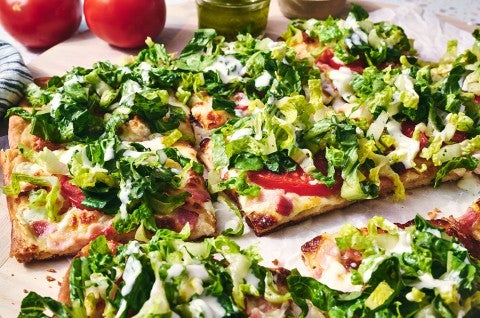 sliced BLT Pizza on a counter - select to zoom