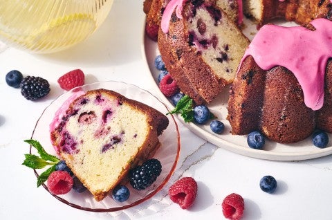 Berry Bliss Bundt Cake sliced on a plate - select to zoom