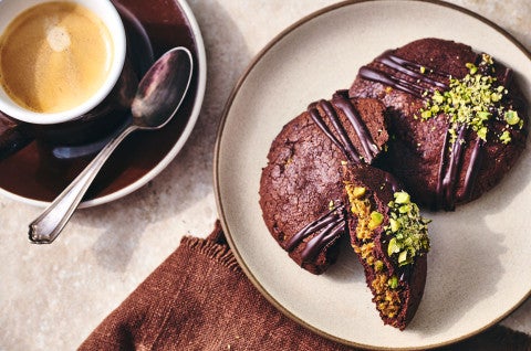 Dubai Chocolate Cookies on a plate with a cup of coffee - select to zoom