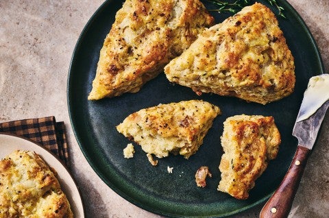 French Onion Scones on a dark plate - select to zoom