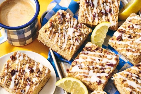 Lemon Streusel Coffee Cake arranged on a counter - select to zoom