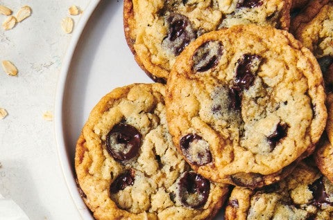 Chocolate Chip Oatmeal Cookies on a plate seen from above - select to zoom