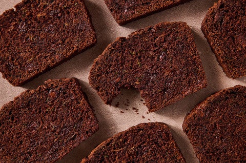 Slices of Double Chocolate Zucchini Bread neatly arranged and seen from above - select to zoom