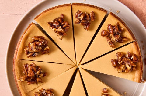 Maple Pecan Cheesecake sliced neatly and seen from above - select to zoom