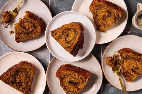Pumpkin Espresso Bundt Cake slices arranged on plates - select to zoom