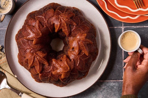 A Pumpkin Espresso Bundt Cake fresh out of the oven seen from above - select to zoom