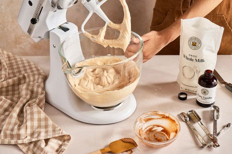 Brown Butter Cream Cheese Frosting in a stand mixer bowl - select to zoom