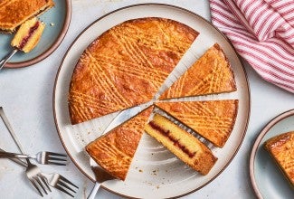 Gâteau Breton sliced on a plate, seen from above