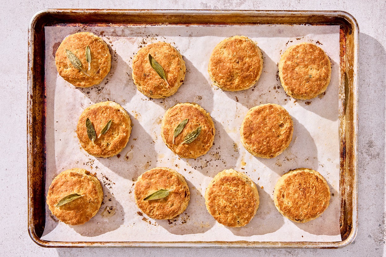 Brown Butter Sage Biscuits on a baking sheet
