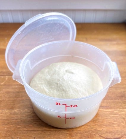Translucent plastic dough-rising bucket with rising dough inside.