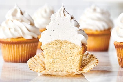 Cake flour cupcake, cut in half to show crumb