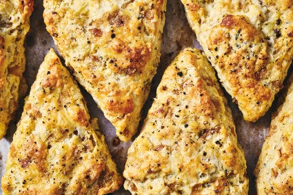 French Onion Scones arranged in an alternating pattern seen from above