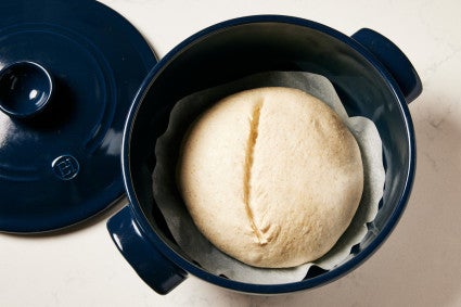 Unbaked bread dough in a Dutch oven 