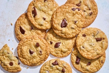 Cream Cheese Chocolate Chip Cookies arranged on a counter, seen from above.